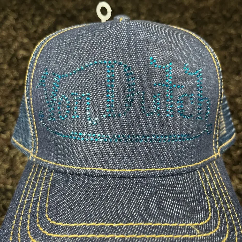 Von Dutch‎ Blue Denim Rhinestones Trucker Hat Snap Back New NWT